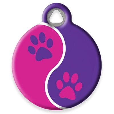 Pet ID Tag by Dog Tag Art - Pink Paws: Magenta purple ying-yang design with paw-prints overlayed 