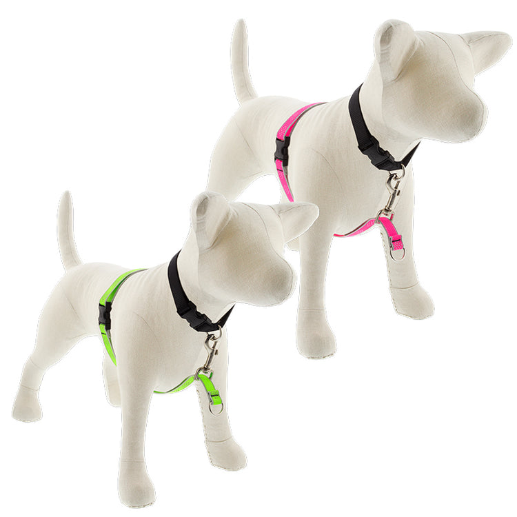 LupinePet No Pull training Harnesses shown in Reflecitve designs Pink Diamond and Green Diamond