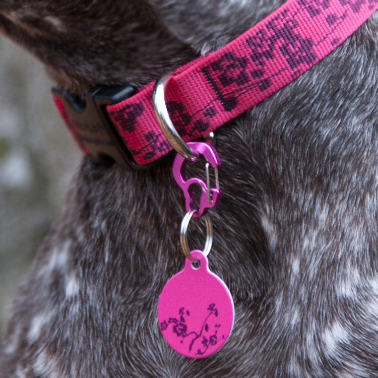 Medium Pink Rubit dog tag clip on LupinePet Plum Blossom with matching Plum Blossom Dog Tag Art tag