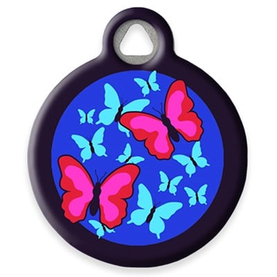Pet ID Tag by Dog Tag Art with Red pink butterflies, sm cyan butterflies with ultramarine bkgnd