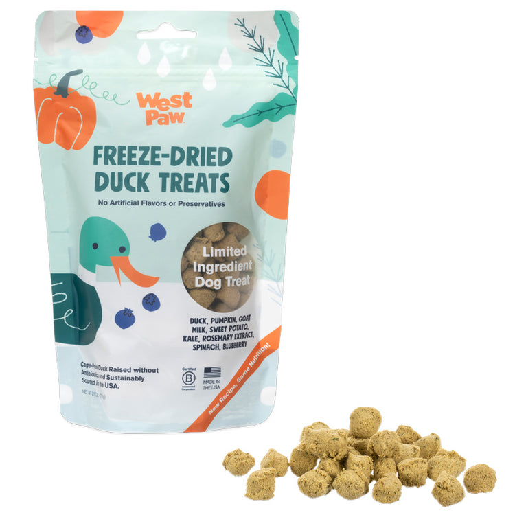 
                    
                      Freeze-Dried Duck Superfood Dog Treats from LupinePet by West Paw - bag and treats
                    
                  